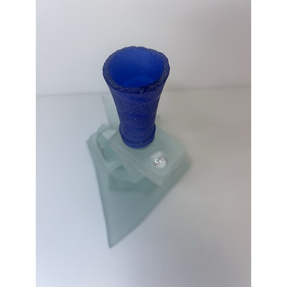 Modern Abstract Stacked Glass Candlestick Holder Blue Clear Frosted 7.5" - Picture 3 of 7